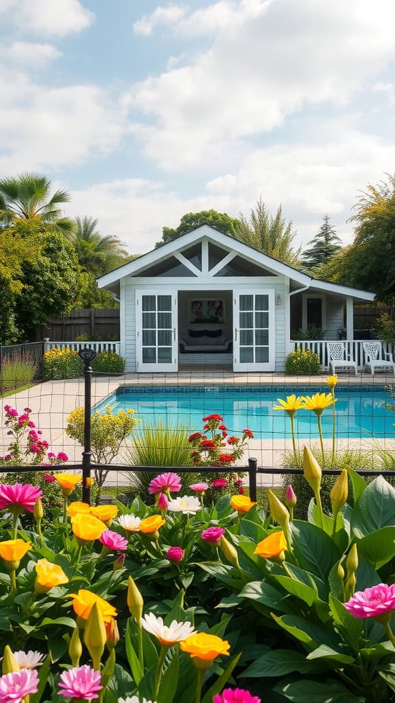 A charming white garden house is situated behind a swimming pool, surrounded by lush greenery and colorful flowers, including yellow, pink, and white blossoms, under a partly cloudy sky.