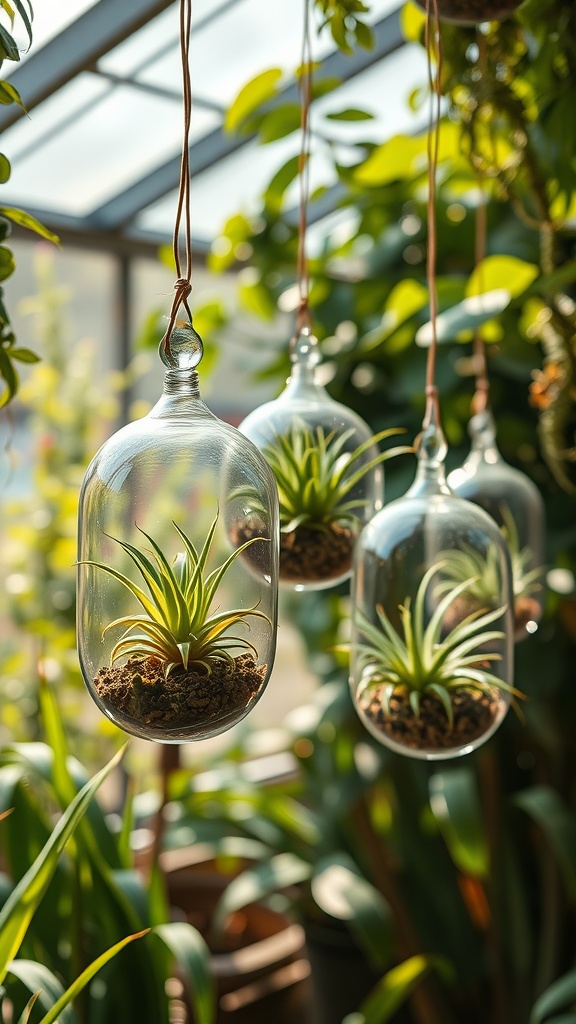 Air plants hanging in glass terrariums inside a sunny greenhouse, with green foliage in the background.