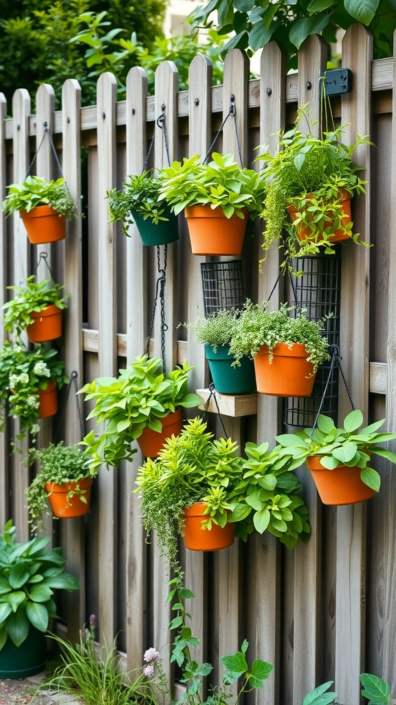 A wooden fence adorned with hanging pots of various green plants, creating a vertical garden.