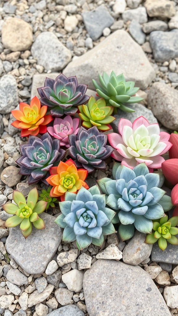 A variety of colorful succulents arranged on a bed of small stones, featuring shades of green, red, blue, purple, and orange. The succulents form a vivid contrast against the neutral gray and beige tones of the rocks.