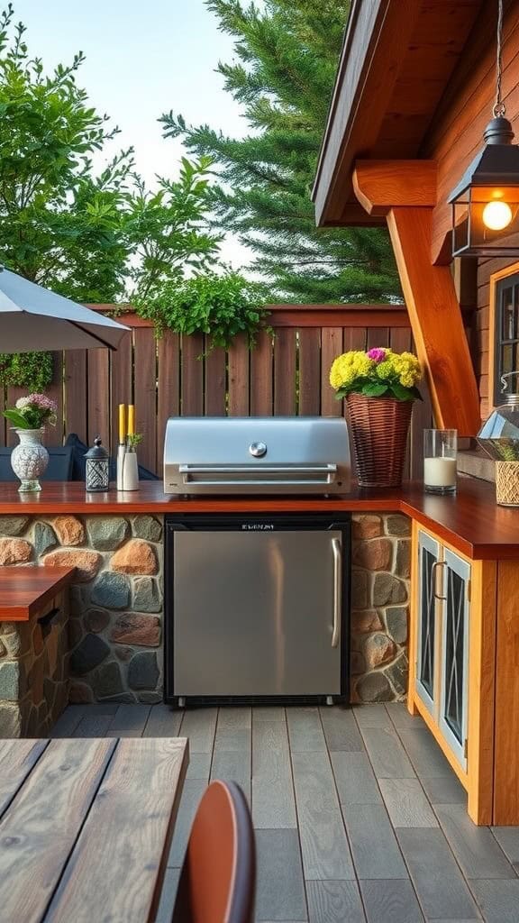 An outdoor kitchen with a stainless steel grill on a stone countertop, a refrigerator below, and wooden accents. The area is decorated with potted flowers and features a wooden fence and greenery in the background.