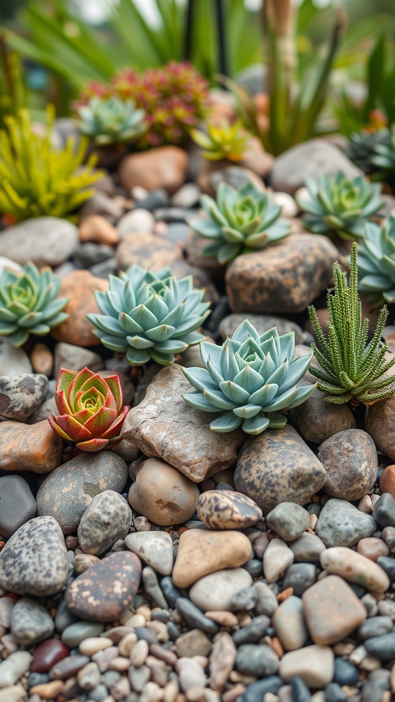 A colorful collection of succulents growing among variously sized and colored pebbles and stones in a garden setting.