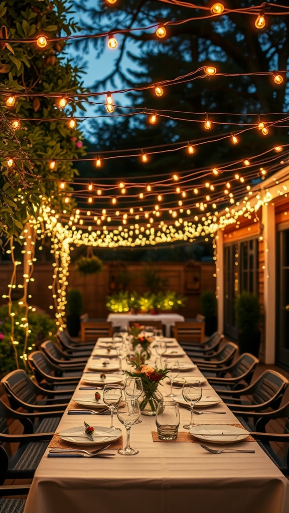 A long outdoor dining table set for a formal event, adorned with plates, glasses, and floral centerpieces, underneath a canopy of string lights glowing warmly in the evening.