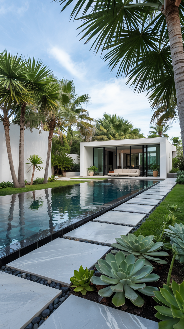 Modern villa with a sleek swimming pool and stone pathway, surrounded by palm trees and succulents in a lush garden.