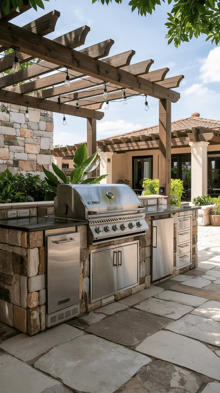 An outdoor kitchen featuring a stainless steel grill set in a stone counter with storage cabinets, under a wooden pergola decorated with string lights, surrounded by a stone patio and greenery.