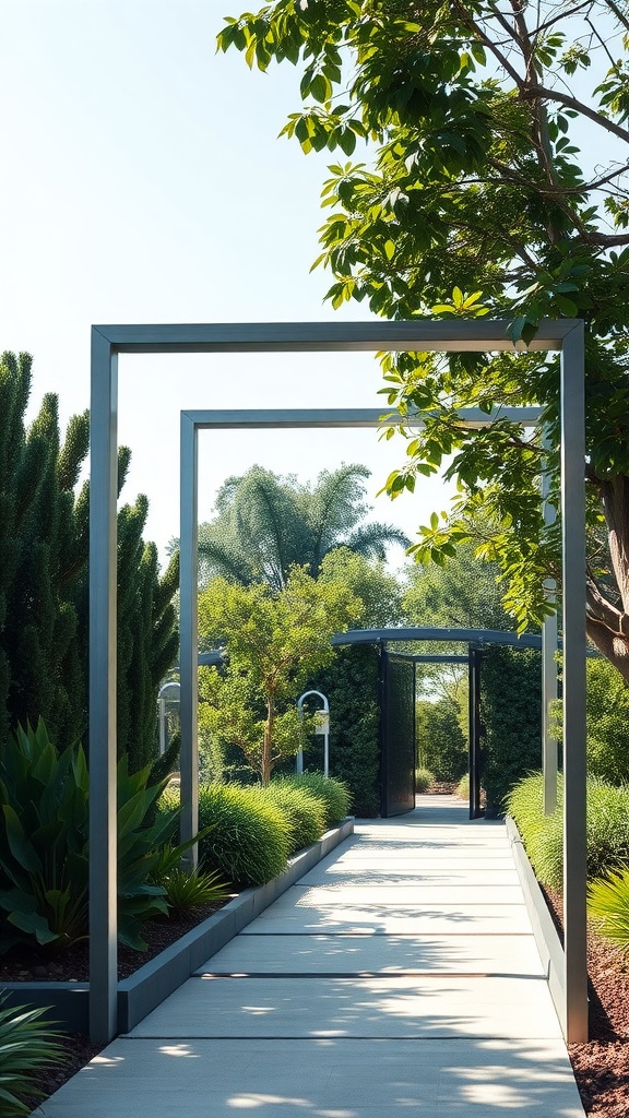 A modern garden path with geometric metal archways surrounded by dense greenery and trimmed bushes.