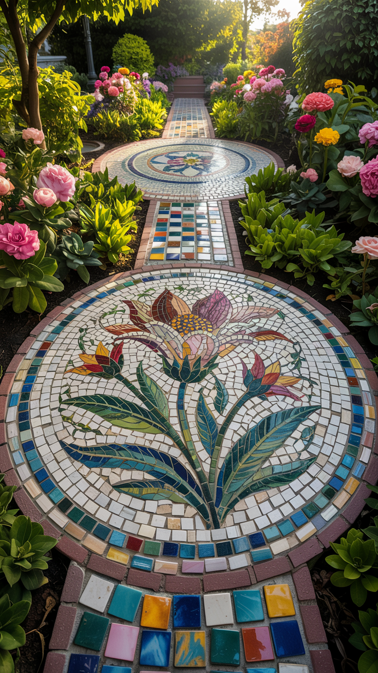 A vibrant garden pathway featuring circular mosaic tiles with floral designs, surrounded by colorful blooming flowers such as roses and peonies in various shades of pink and yellow.