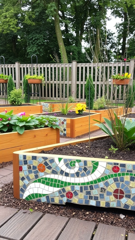 A garden with raised wooden beds, decorated with colorful mosaic designs, containing a variety of plants and flowers. Hanging planters and a wooden fence are in the background, surrounded by tall trees.