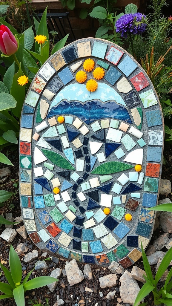 Colorful mosaic art piece with a landscape scene, surrounded by flowers and plants in a garden setting. The mosaic features a tree design with various colors and textures made from ceramic tiles, set against a depiction of mountains and sky.