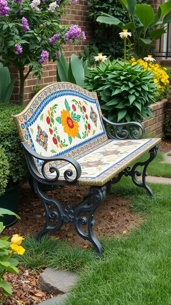 A decorative garden bench with a colorful floral pattern on its backrest and seat, placed in a garden surrounded by lush greenery and vibrant flowers.