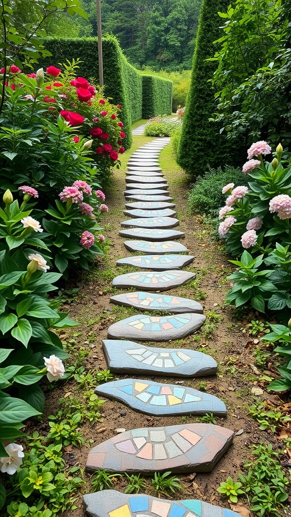 A colorful mosaic stone pathway winds through a lush garden, bordered by vibrant red and pink flowers with neatly trimmed greenery, leading towards a backdrop of dense green trees.