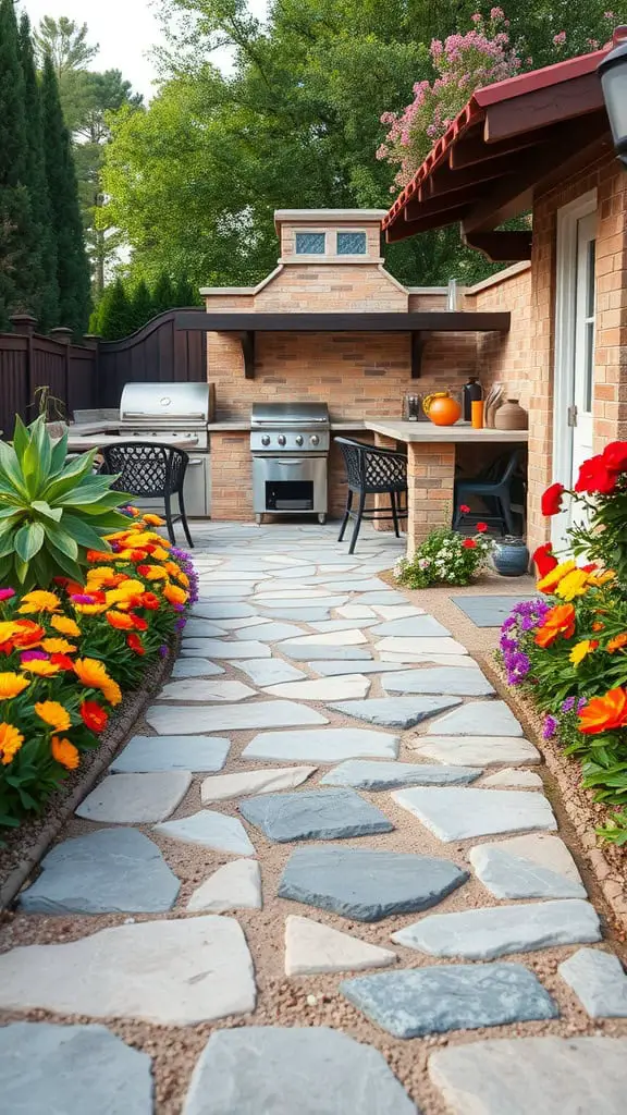 A stone pathway lined with colorful flowers leads to a backyard patio featuring a brick outdoor kitchen with a grill and a counter, surrounded by trees and greenery.
