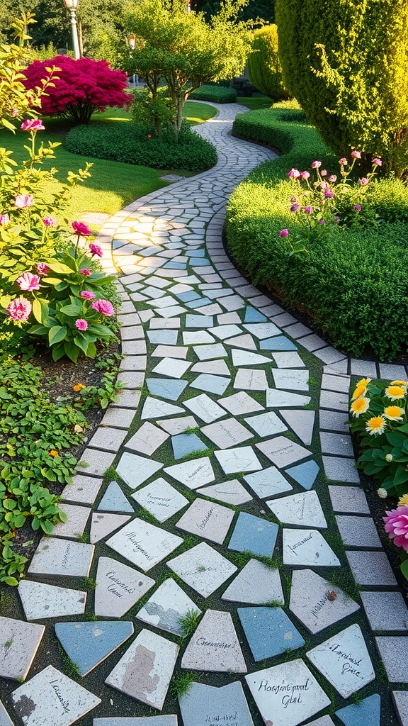 A winding stone path decorated with various engraved tiles, surrounded by lush greenery and vibrant blooming flowers in a garden setting.