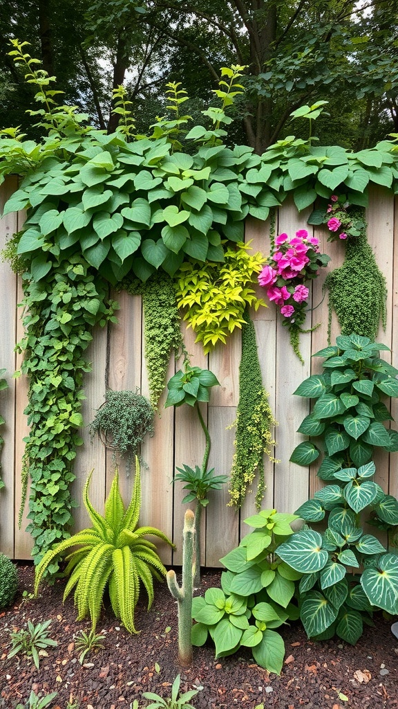A vertical garden displaying a variety of vibrant plants against a light wooden fence. The plants include cascading vines with heart-shaped leaves, bright pink flowers, and diverse foliage, adding a lush, textured appearance to the arrangement.