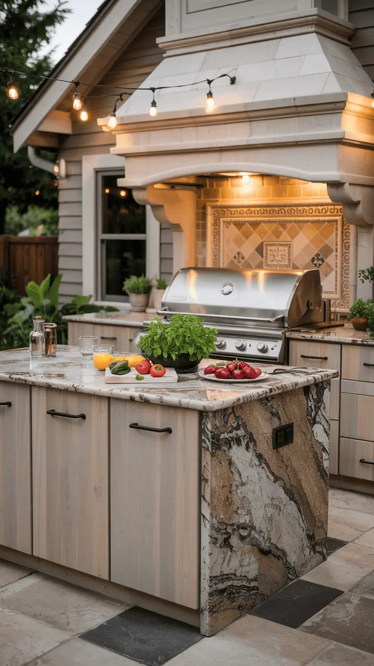 An outdoor kitchen with a marble countertop island, fresh vegetables and herbs displayed in bowls and on a cutting board. A stainless steel grill is in the background, with a decorative tiled backsplash and hanging string lights illuminating the area.
