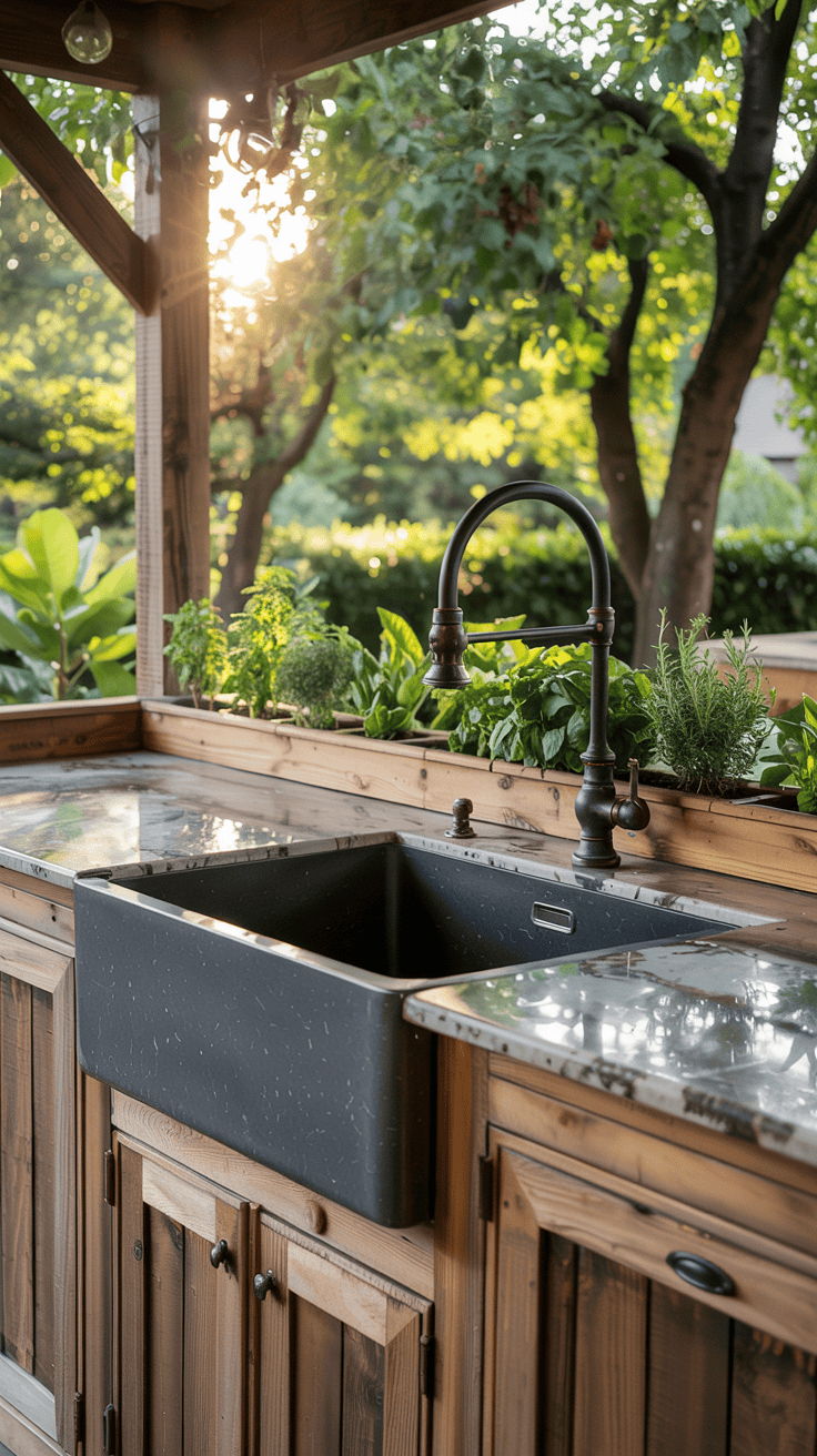 An outdoor kitchen setup featuring a black farmhouse-style sink with a rustic metal faucet, surrounded by wooden cabinetry and lush green plants in the background illuminated by sunlight.