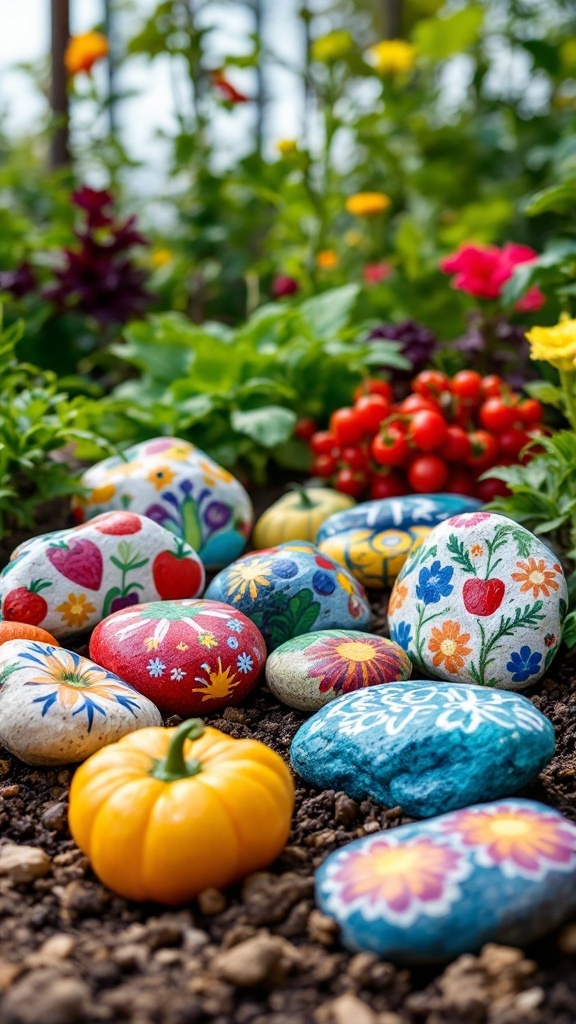 Colorfully painted rocks featuring flowers, hearts, and fruits are arranged in a garden bed, surrounded by plants and small red tomatoes, with a small yellow pumpkin in the foreground.