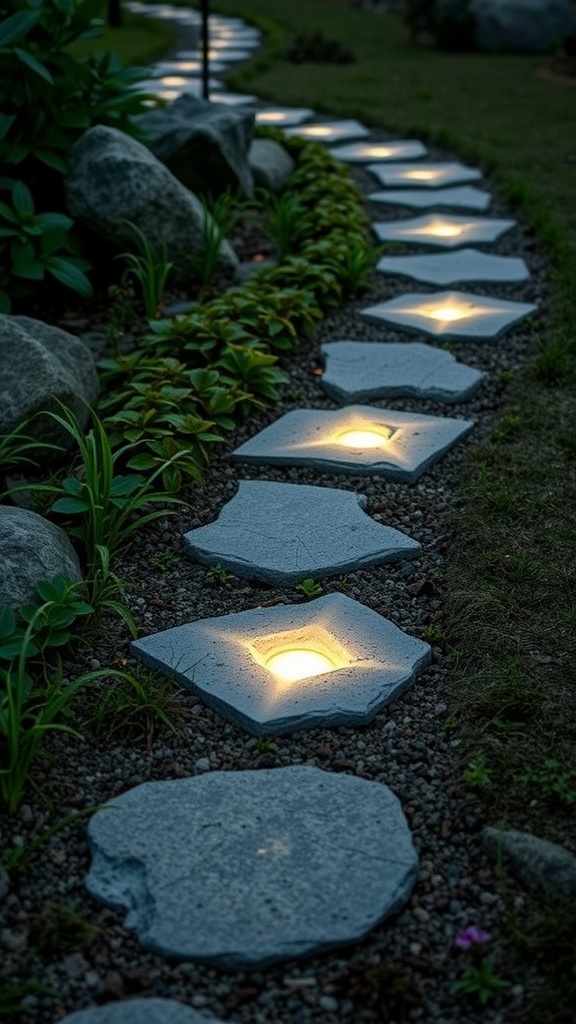 A garden pathway with illuminated stone pavers, bordered by rocks and greenery, creating a serene and inviting atmosphere in the evening light.