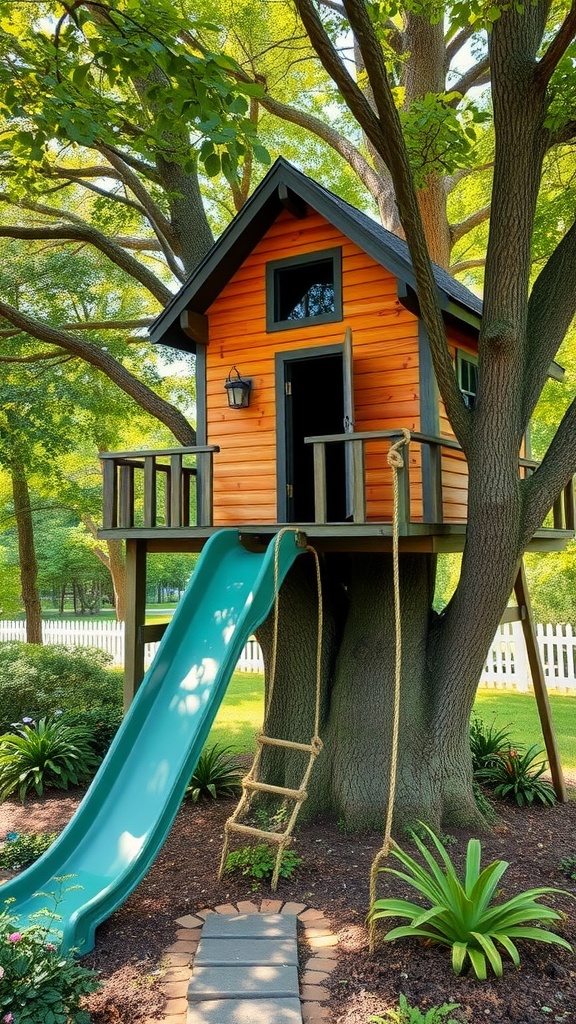 A wooden treehouse built around a large tree, featuring a small porch, a rope ladder, and a green slide leading to a garden below. The treehouse is surrounded by lush greenery and a white picket fence in a sunny backyard.