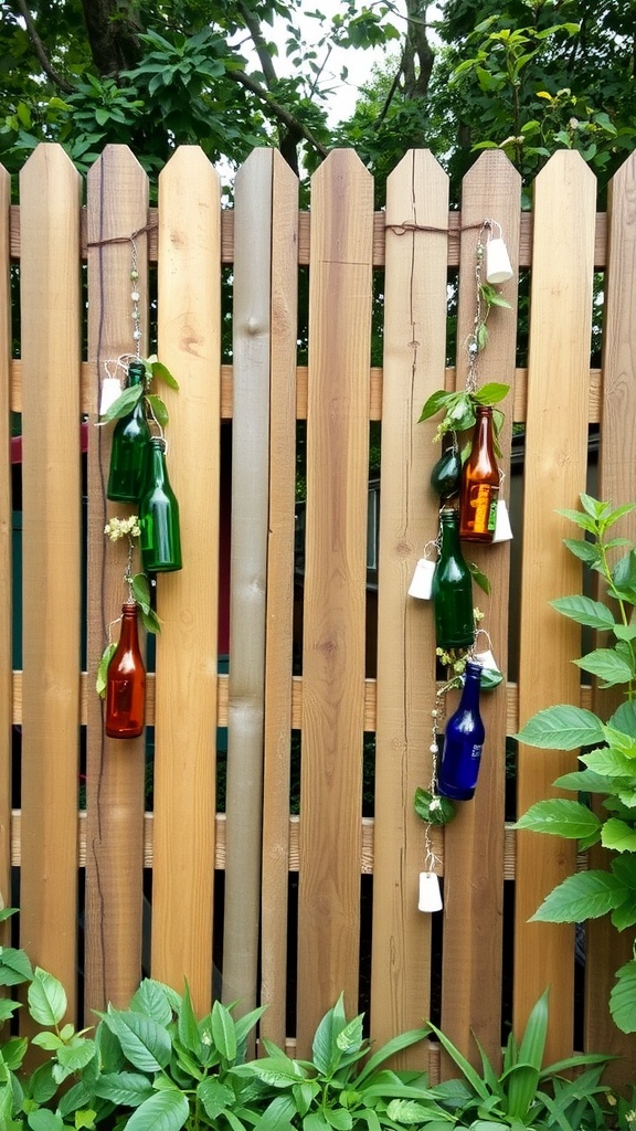 Colorful glass bottles hanging on a wooden fence, decorated with leaves and twine, with green plants at the base.