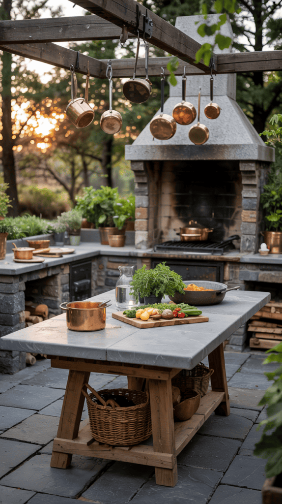 An outdoor kitchen featuring a stone countertop with a cutting board holding various vegetables and herbs, a copper pot, and a water jug. A collection of copper pots hang from a wooden beam above. In the background, there's a stone fireplace and various potted plants, while the setting sun filters through trees.