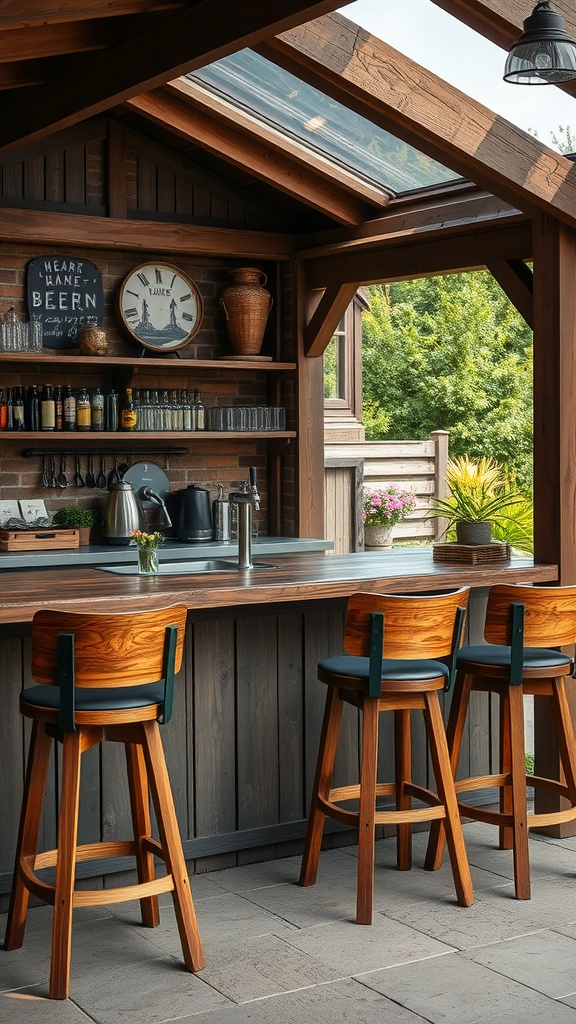 A rustic outdoor bar with wooden stools and a brick wall, featuring a wooden counter, shelves stocked with bottles and glasses, a round clock, and decor items. The area is covered with a wooden roof with glass panels, allowing natural light to illuminate the space.