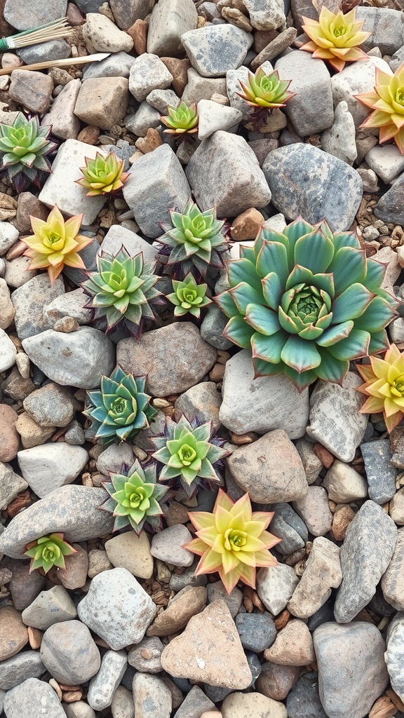 A variety of colorful succulent plants arranged among scattered rocks, including rosette-shaped succulents with green, blue, and pinkish hues.