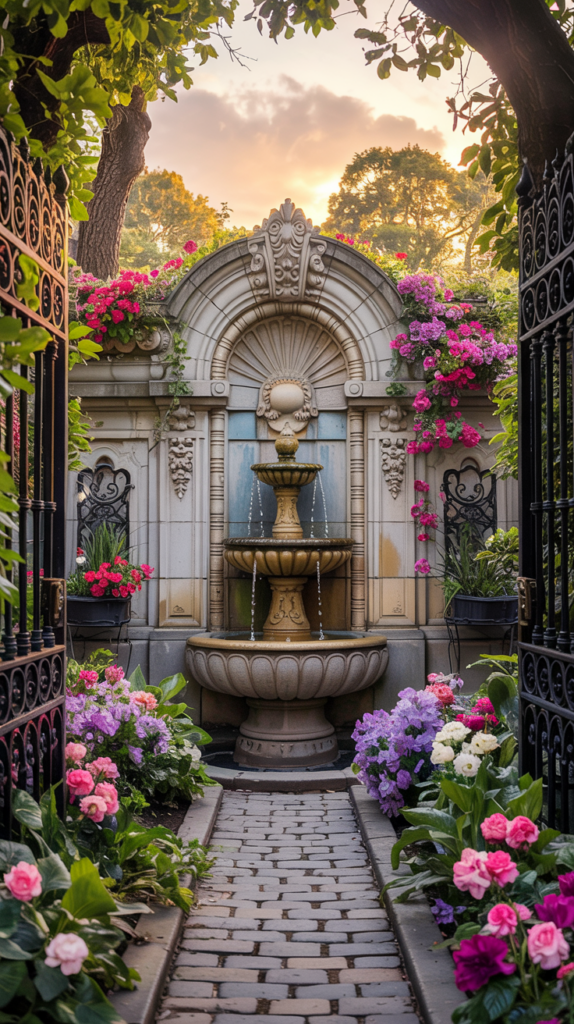A beautifully landscaped garden with a stone fountain centerpiece surrounded by vibrant pink, purple, and white flowers. The pathway is lined with cobblestones leading to the fountain, flanked by wrought iron gates and lush greenery, set against a backdrop of trees and a sunset sky.