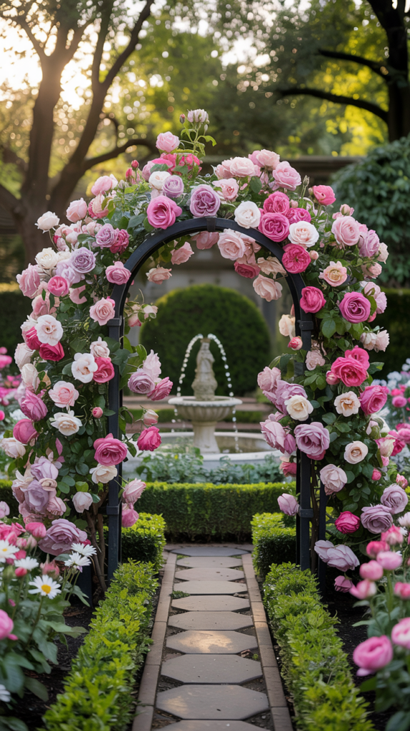 A picturesque garden scene featuring an arched trellis adorned with pink and white roses, leading to a stone pathway flanked by hedges and ending at a fountain with water flowing elegantly. The background is filled with lush greenery and trees under a soft, sunlit sky.