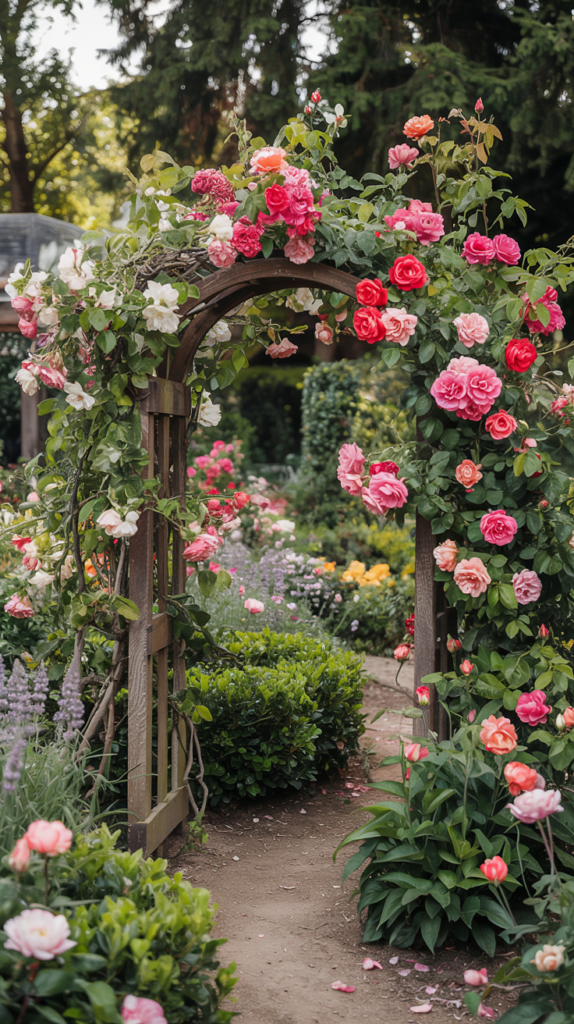 A wooden garden archway is adorned with a variety of blooming pink and red roses, surrounded by green foliage. The arch leads into a colorful garden filled with neatly trimmed bushes and various flowers in full bloom, set against a backdrop of tall trees.