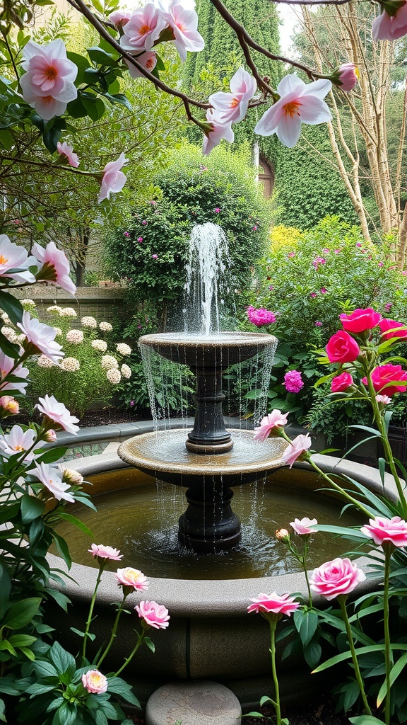 A tiered fountain surrounded by lush greenery and vibrant pink and white flowers in a garden setting.