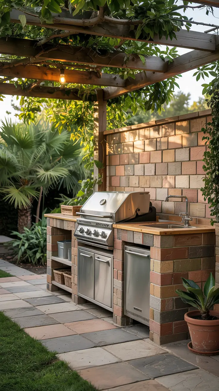 Outdoor kitchen with a built-in stainless steel barbecue grill and a sink, surrounded by brick and wooden structures, covered with lush green vines, and adjacent to a well-maintained garden with palm plants.