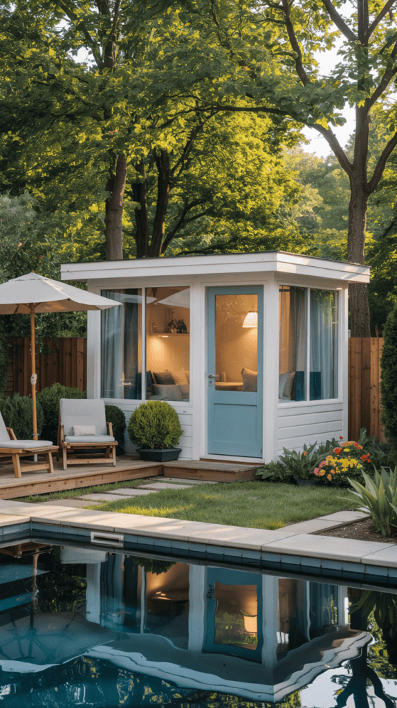 A modern backyard scene featuring a small white garden shed with large windows and a light blue door, surrounded by lush greenery and vibrant flowers. In front, there's a wooden deck with cushioned chairs and an umbrella, beside a calm swimming pool reflecting the shed and trees above.