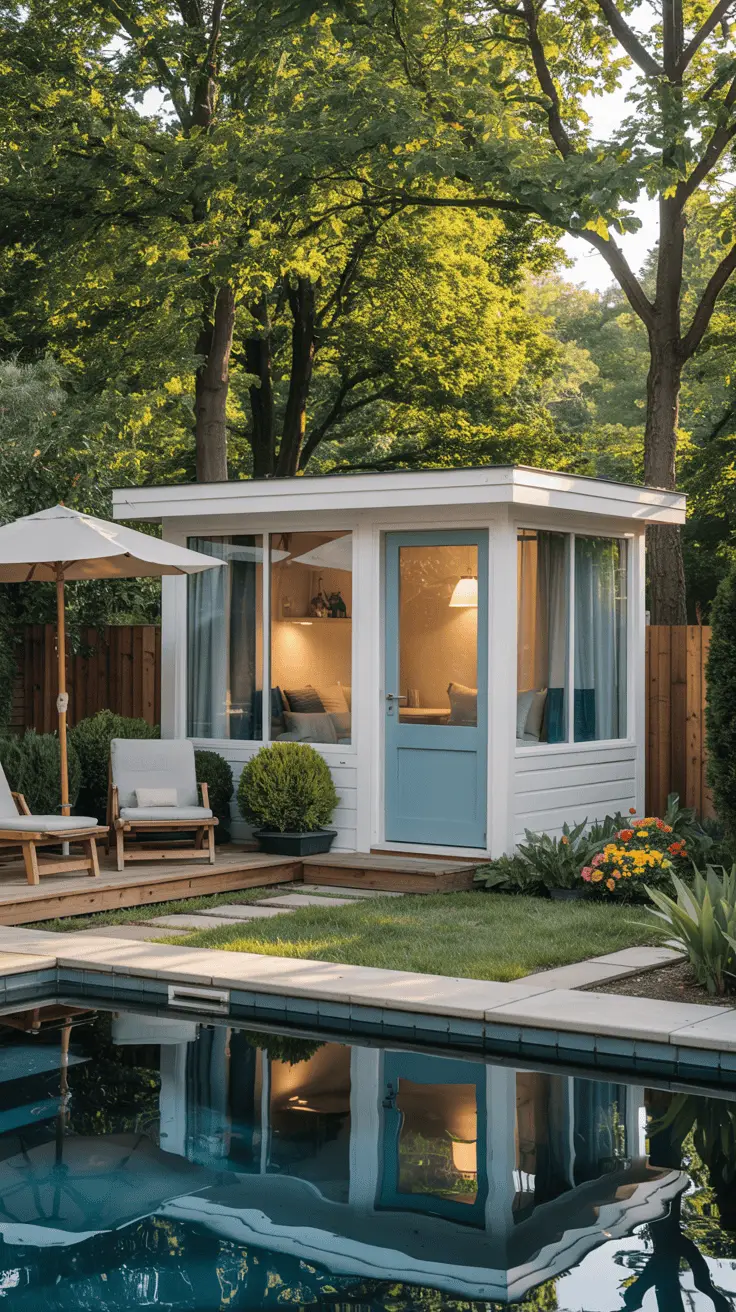 A modern backyard scene featuring a small white garden shed with large windows and a light blue door, surrounded by lush greenery and vibrant flowers. In front, there's a wooden deck with cushioned chairs and an umbrella, beside a calm swimming pool reflecting the shed and trees above.