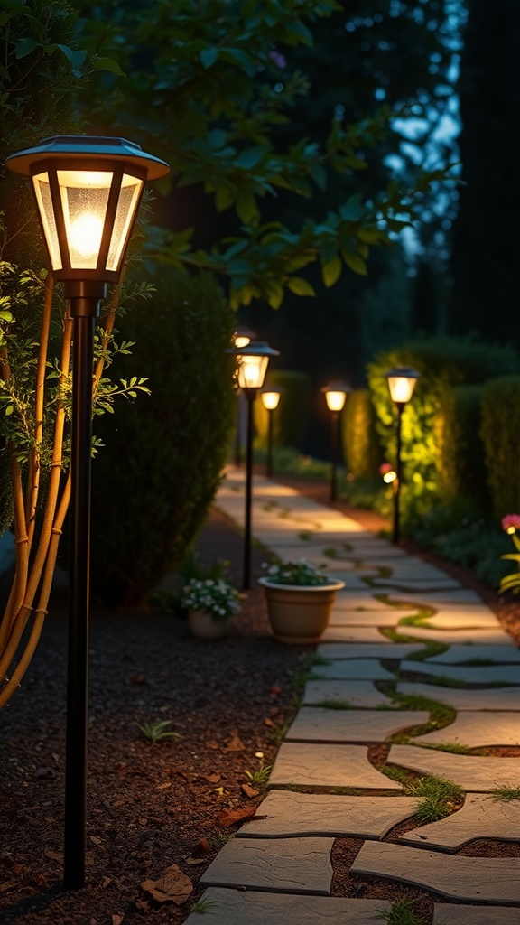 A garden path illuminated by a series of small lantern-style lights, surrounded by neatly trimmed bushes and potted plants in the evening.