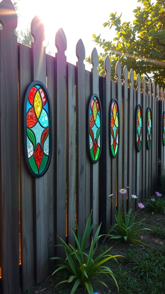 A wooden fence adorned with colorful stained glass inserts, featuring vibrant designs in red, blue, green, and yellow. The sunlight shines through the glass, accentuating the colors. Below the fence are green plants and small purple flowers.
