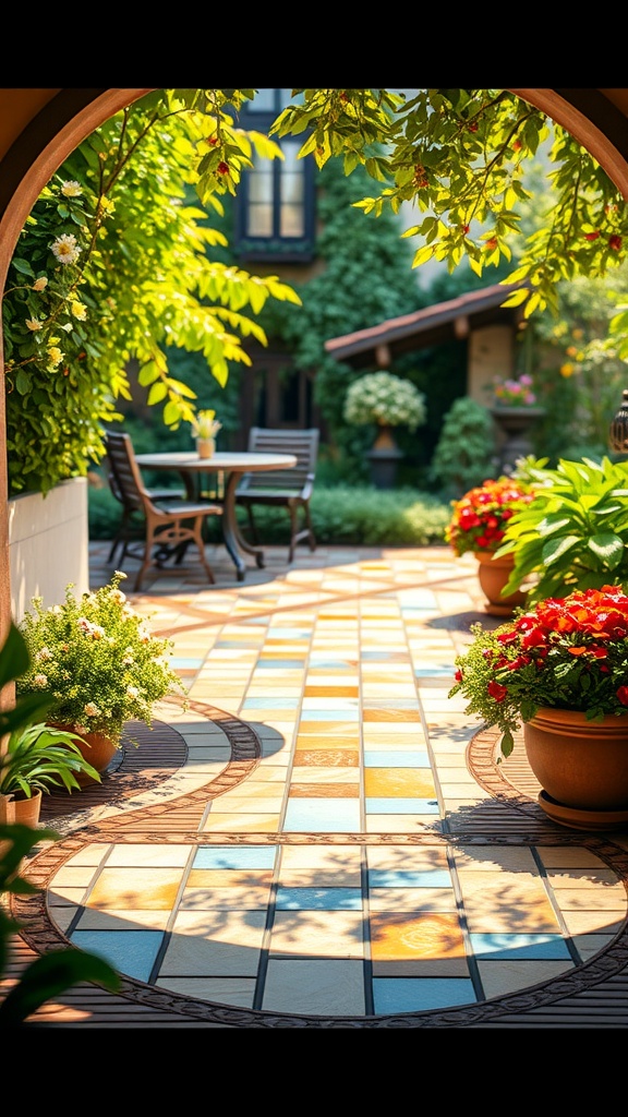 A beautiful garden patio with multicolored tiled flooring, surrounded by lush green plants and vibrant flower pots. In the background, there is an outdoor seating area with a table and chairs under an archway, with sunlight filtering through the leaves.
