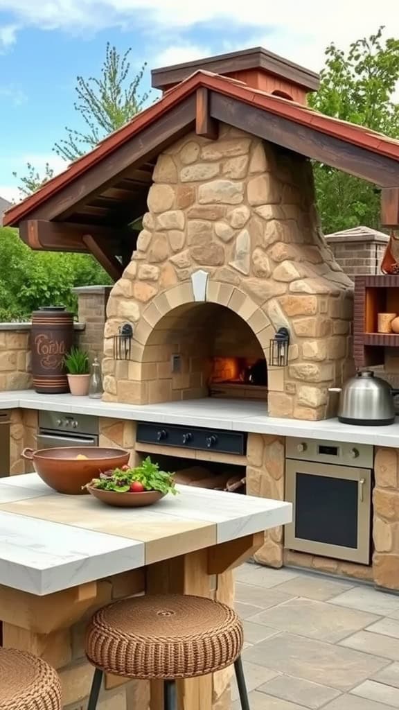 Outdoor kitchen featuring a stone oven with a pitched roof, surrounded by a countertop with cooking appliances and a wooden dining area with wicker stools and a salad bowl.