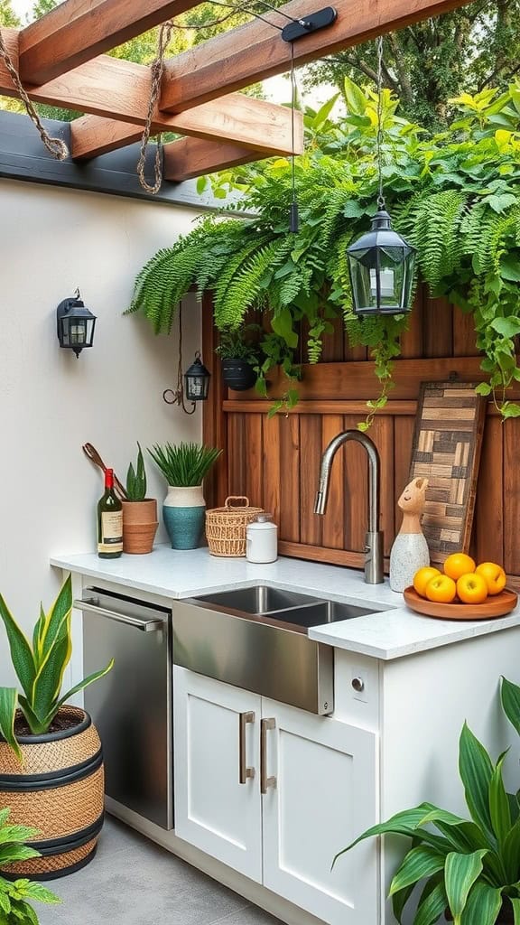 Outdoor kitchen with a white countertop, a stainless steel sink, decorative plants, a small wooden sculpture, and hanging lanterns beneath a wooden pergola with lush greenery.