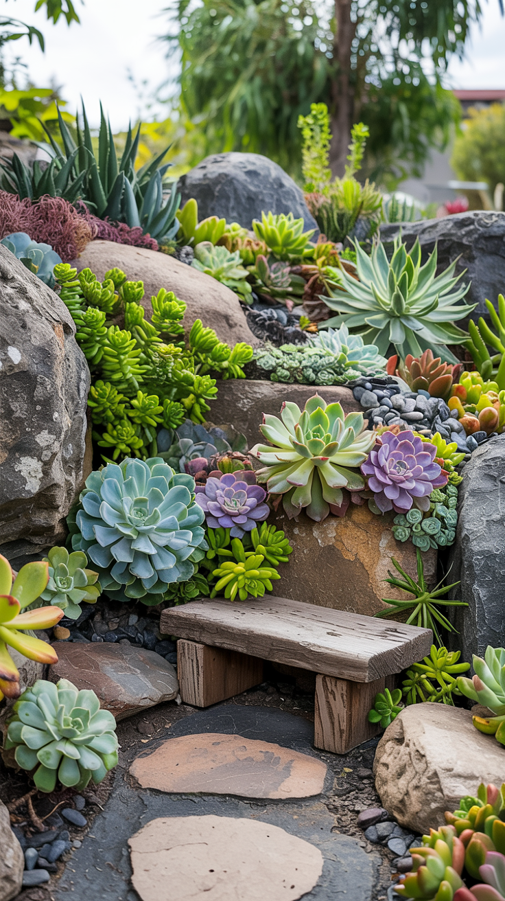 A small wooden bench surrounded by various colorful succulents and rocks in a garden setting.