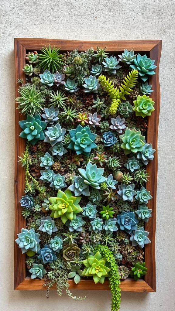 A vertical wooden frame filled with a diverse array of colorful succulents, including shades of green, blue, and yellow, arranged artistically against a light wall background.
