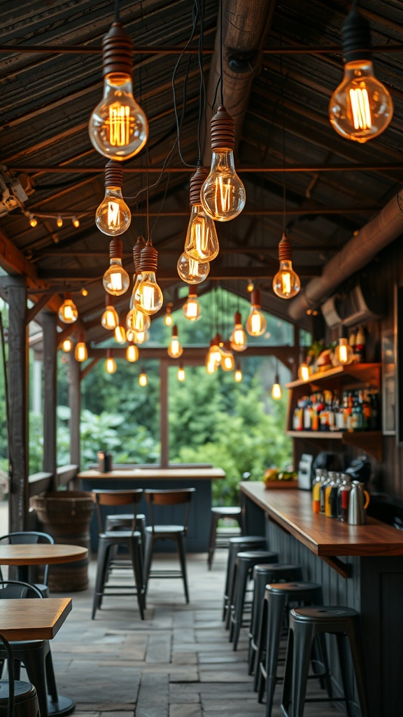 A cozy outdoor café with hanging Edison light bulbs illuminating the wooden tables and metal chairs under a rustic canopy. The bar area is visible on the right, lined with bottles and barstools.
