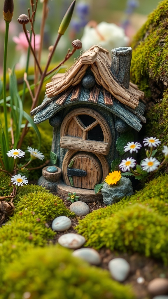 A small, whimsical fairy house with a wooden door and roof, surrounded by moss and tiny flowers, with a stone path leading to the entrance.