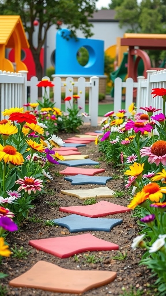 Colorful stepping stones in a garden path surrounded by vibrant flowers, with a white picket fence and colorful playground equipment in the background.