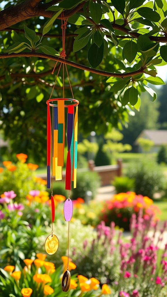 A colorful wind chime made of various hanging colored glass shapes, suspended from a tree branch, with a vibrant garden of flowers in the background.