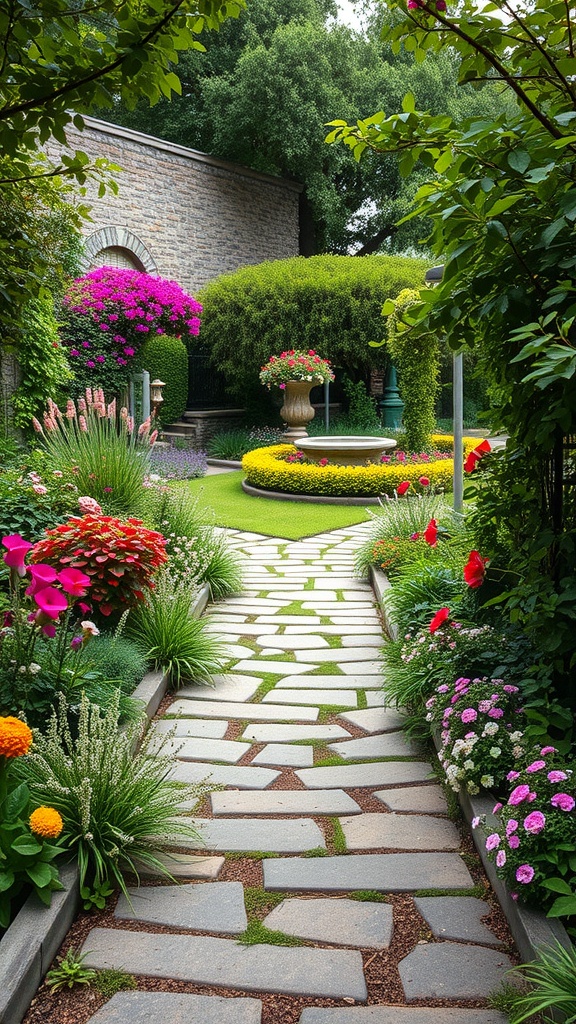 A beautifully landscaped garden with a stone path leading through vibrant flowers and lush greenery, featuring a central stone fountain surrounded by neatly trimmed hedges and flowering plants in containers.
