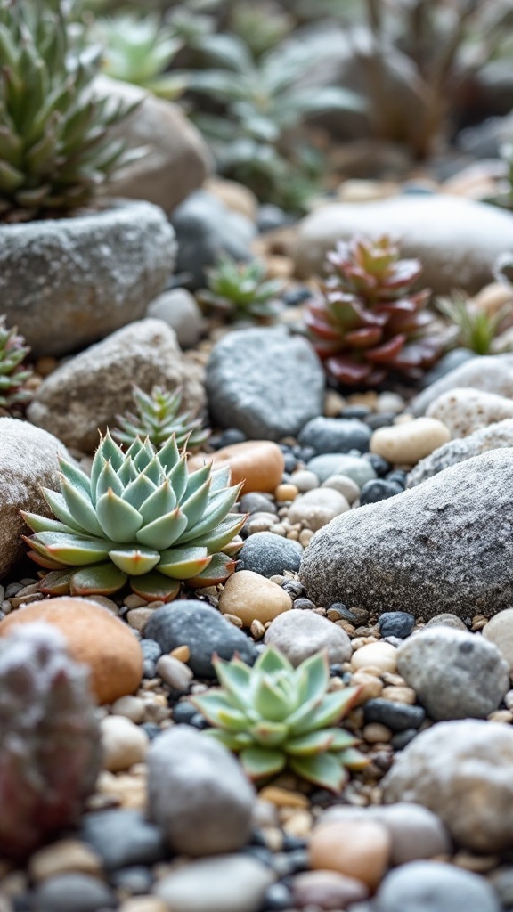 A garden of small succulents growing among various sized pebbles and rocks, creating a natural and textured landscape.