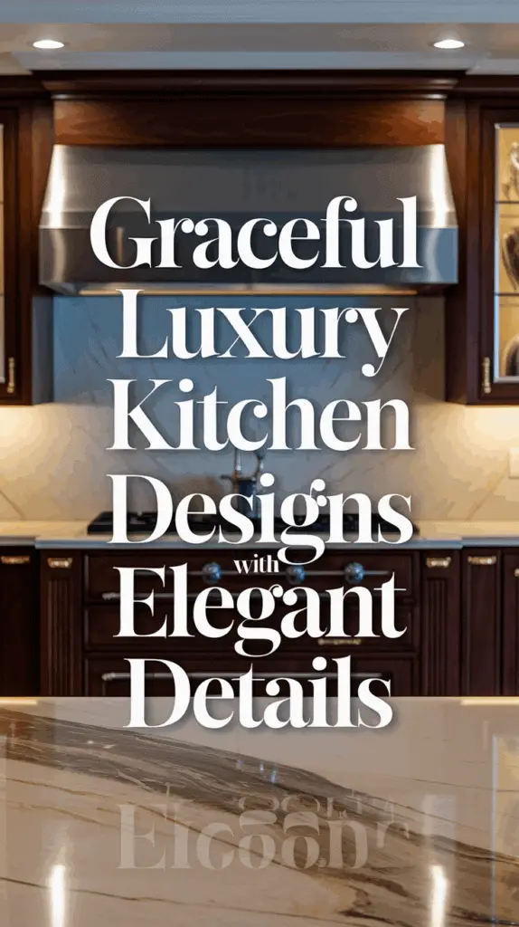Text overlay on a luxurious kitchen background reads, "Graceful Luxury Kitchen Designs with Elegant Details." The kitchen features a marble countertop and rich wooden cabinetry under soft lighting.