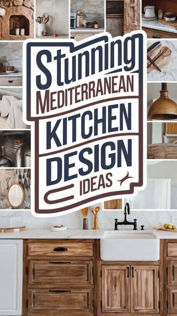 Collage of Mediterranean kitchen elements surrounding a large sign reading "Stunning Mediterranean Kitchen Design Ideas," featuring rustic wood cabinets, stone textures, and ceramic accessories.