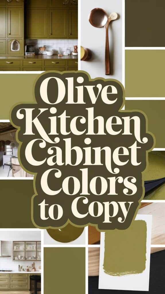 Collage featuring various olive-colored kitchen cabinets and decor elements, with the text "Olive Kitchen Cabinet Colors to Copy" prominently displayed.